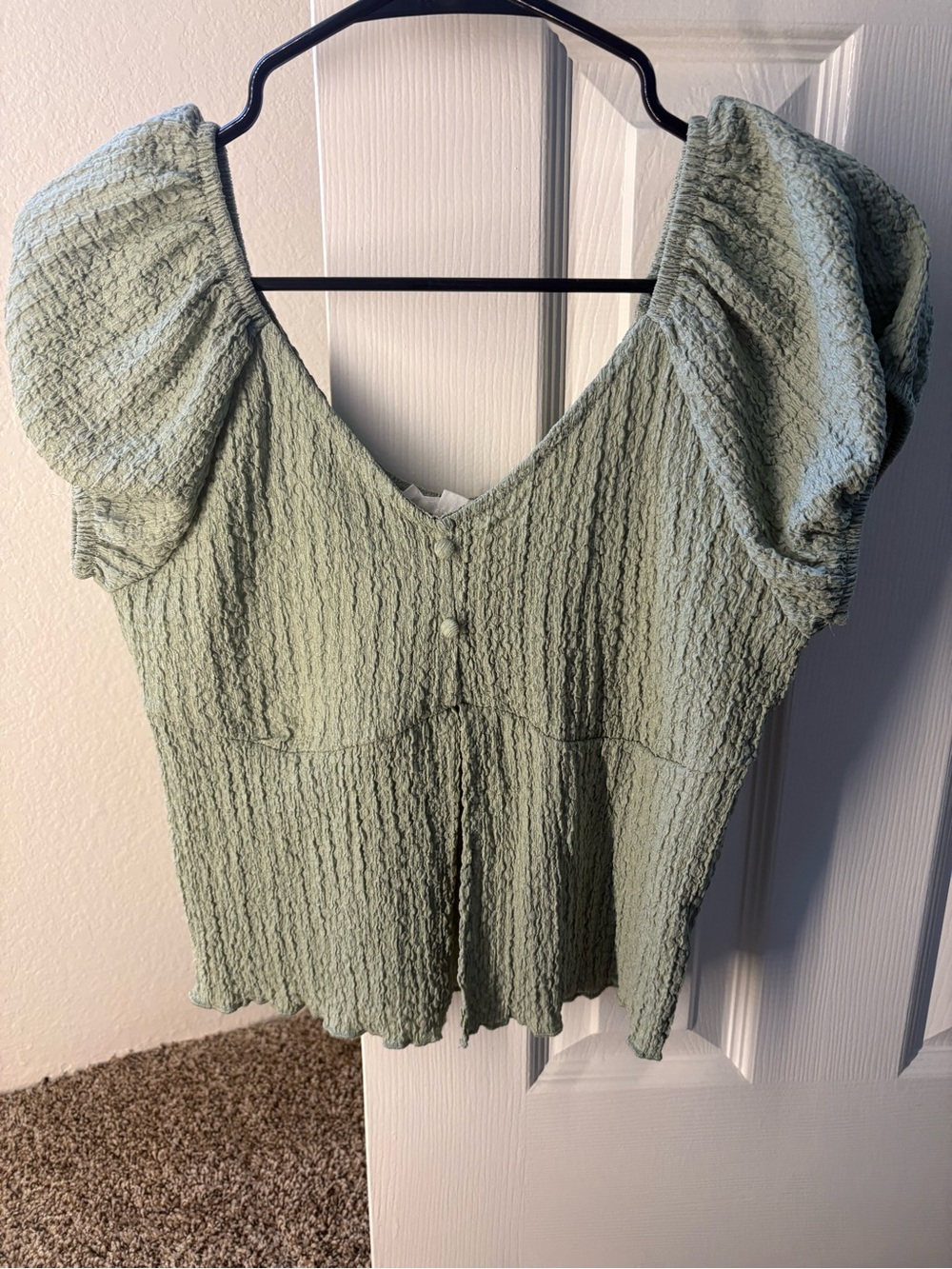 Sage Textured Puff-Sleeve V-Neck Top